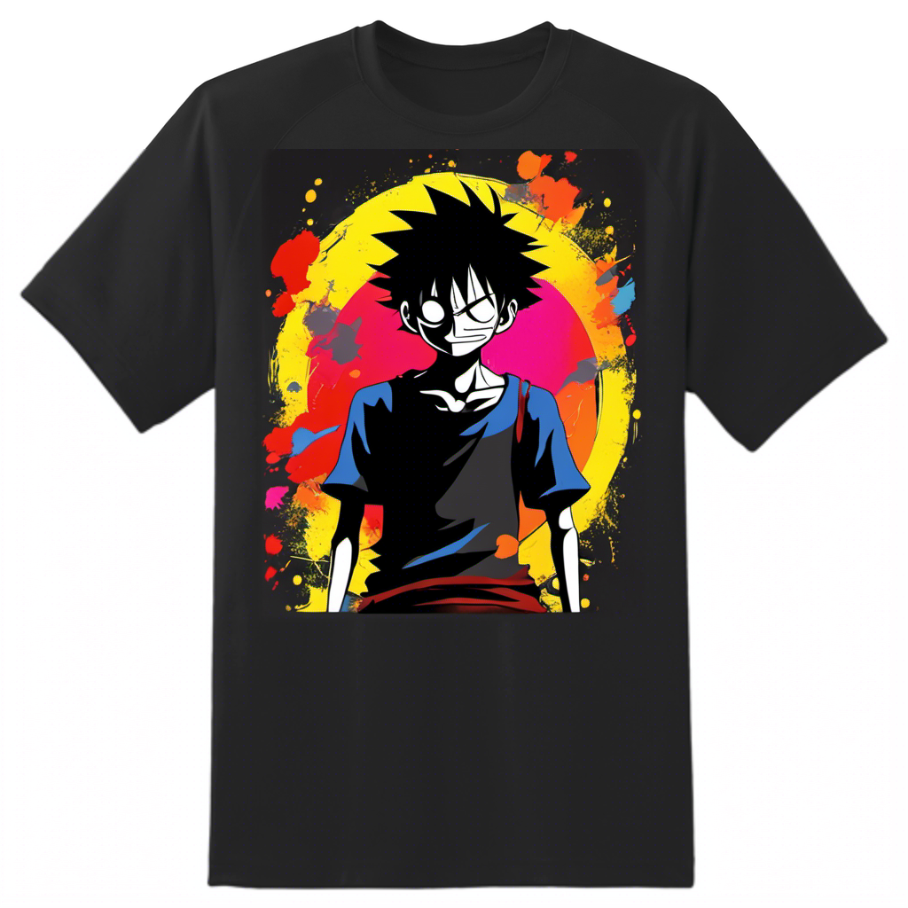 Black Shoulder Drop Tshirt with Colorful Print of Luffy