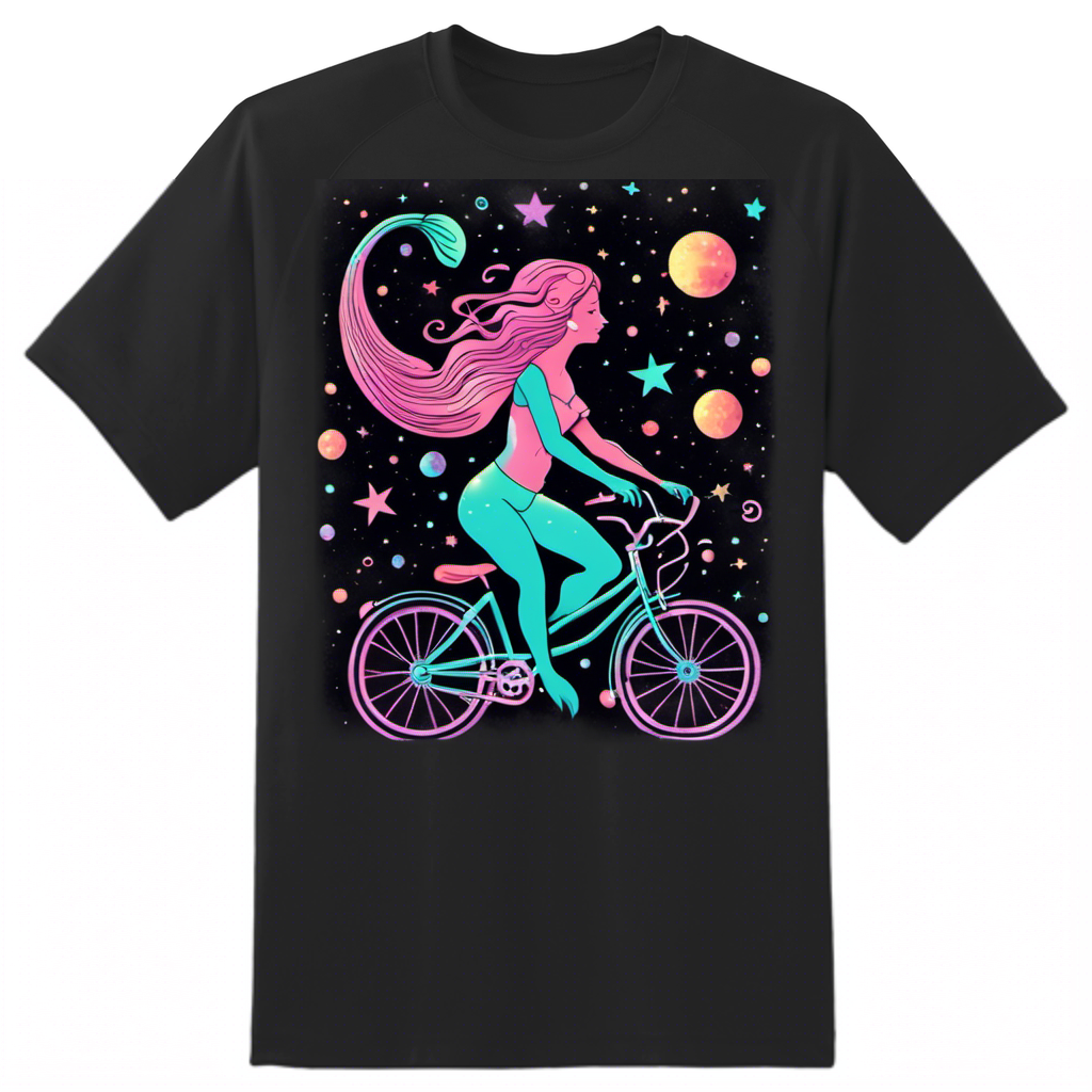 Dancing Mermaid on Retro Bicycle in Neon Galaxy