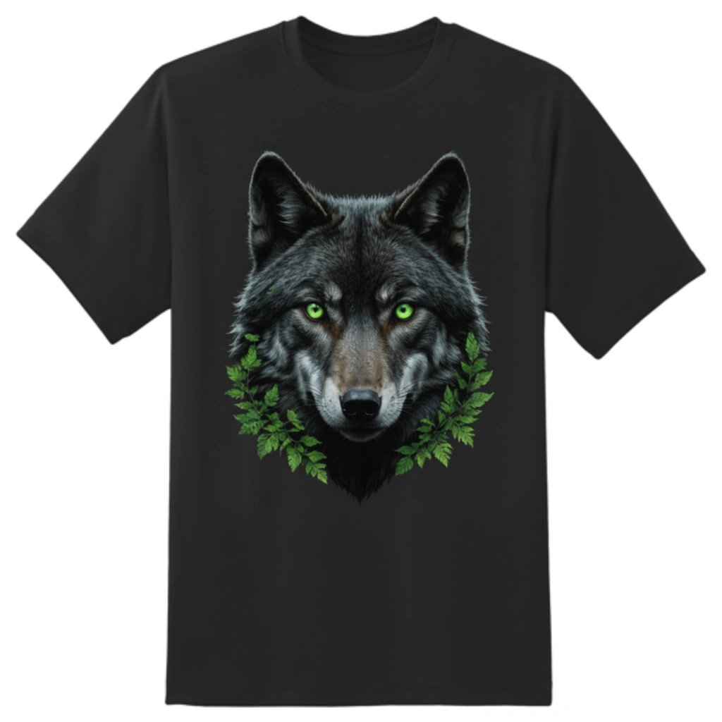 Green-Eyed Wolf in Dark Forest