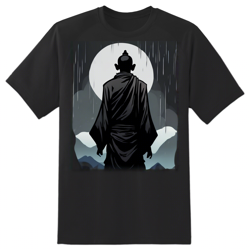 👕 Monk Buddhist Standing in Rain on Dark Mountain Anime