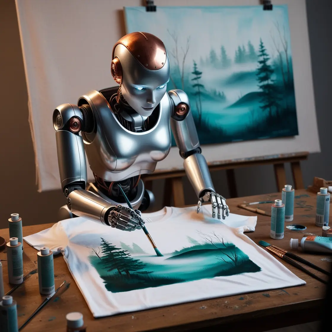 robot painting a landscape on a t-shirt