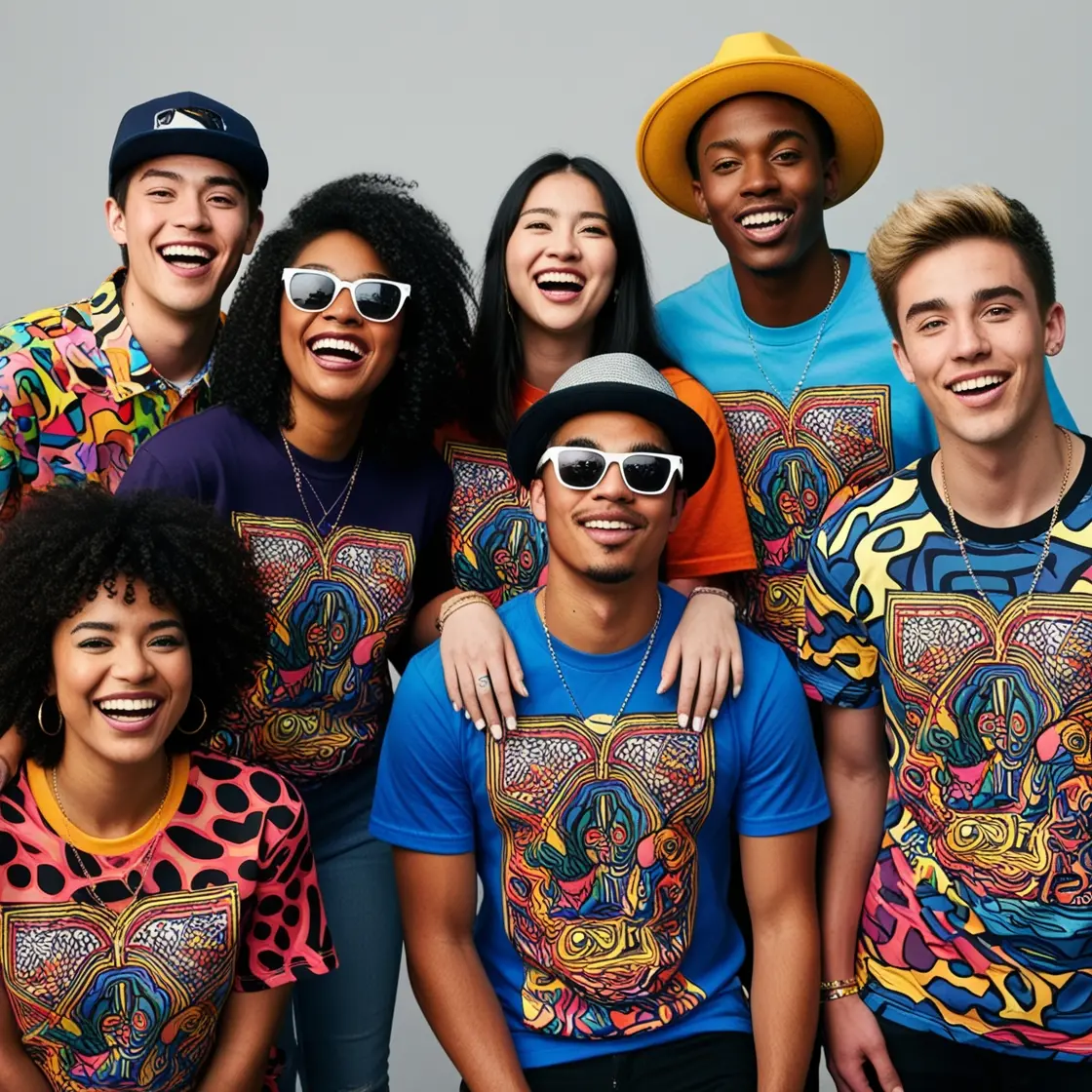 Group of young adults, different genders, different races, having fan with grate design t-shirts